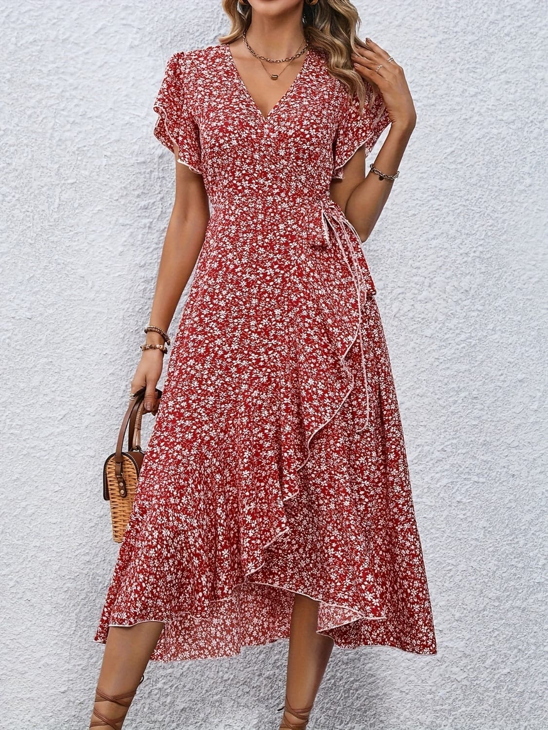 Printed Surplice Flutter Sleeve Midi Dress.