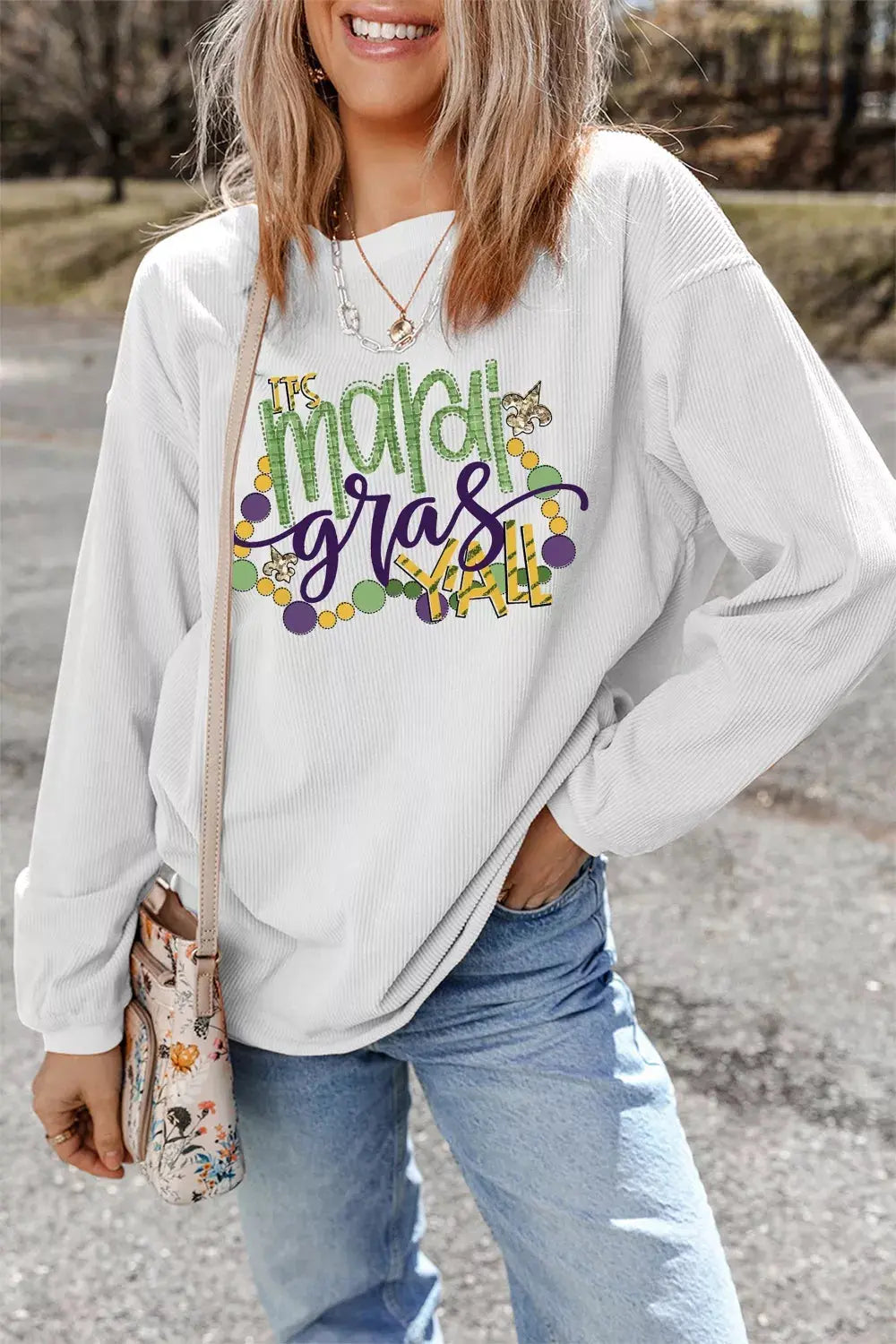 TIS Mardi Gras YALL Corded Ribbed Pullover Sweatshirt Simply Love