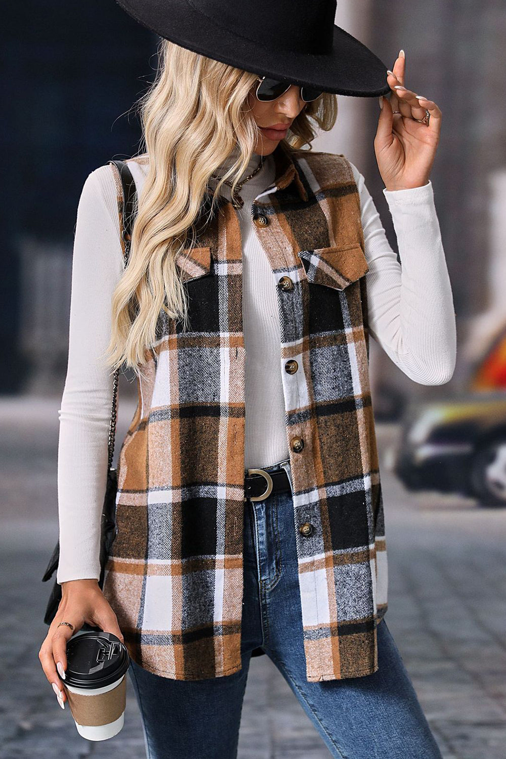 Straw Yellow Retro Plaid Button up Collared Vest Love Salve