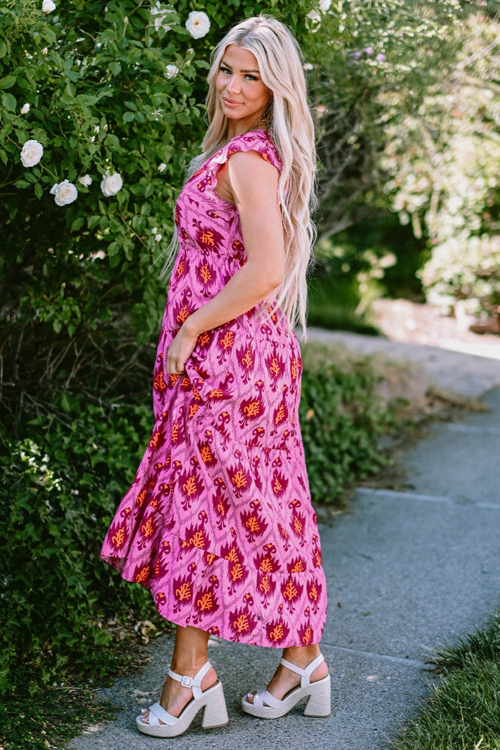 Twisted Printed Cap Sleeve Midi Dress.