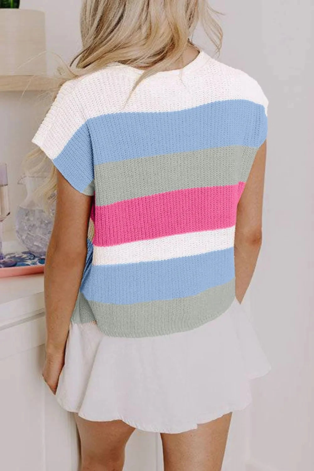Color Block Notched Cap Sleeve Knit Top Simply Love
