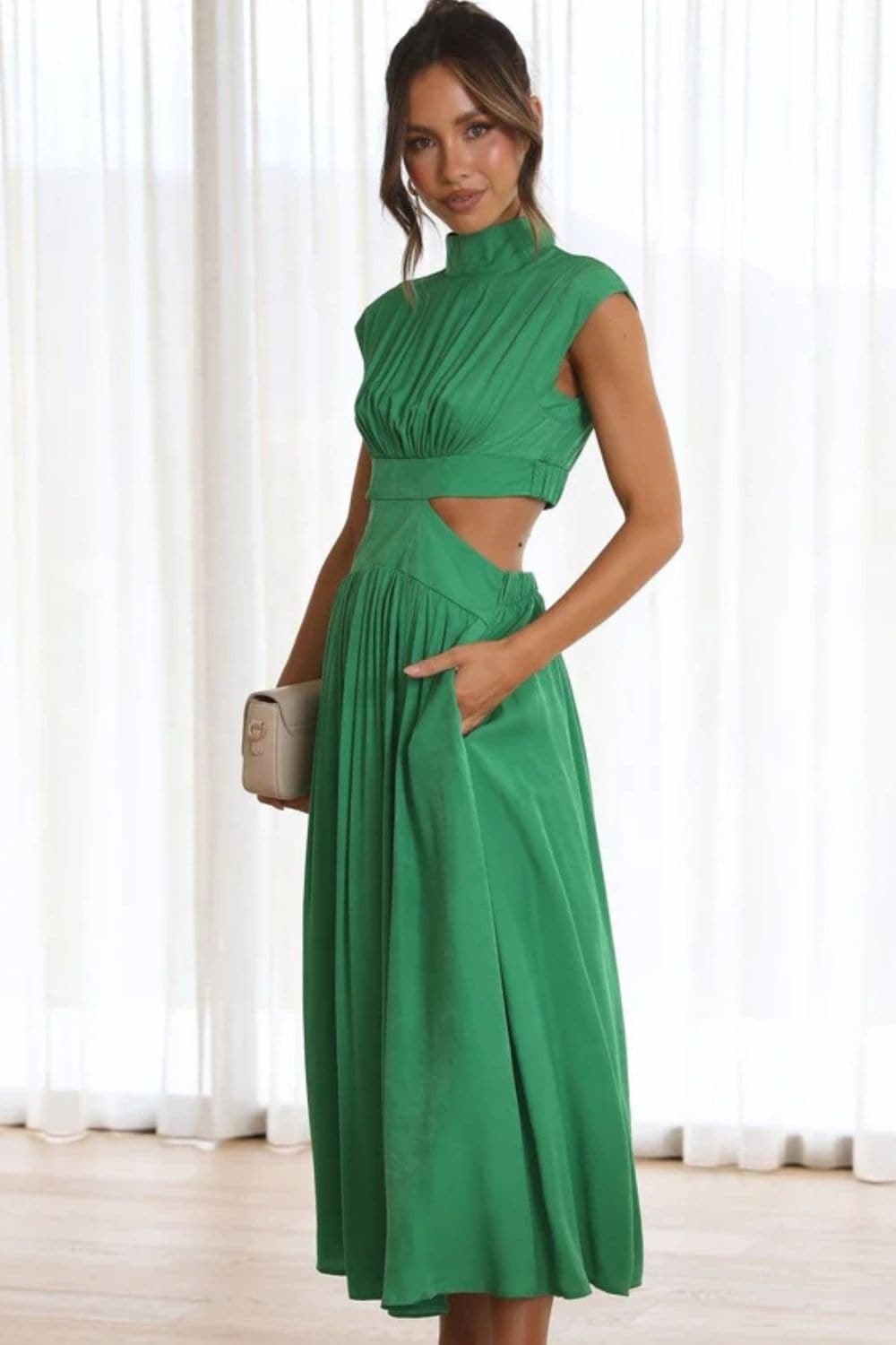 Cutout Mock Neck Sleeveless Ruched Dress.