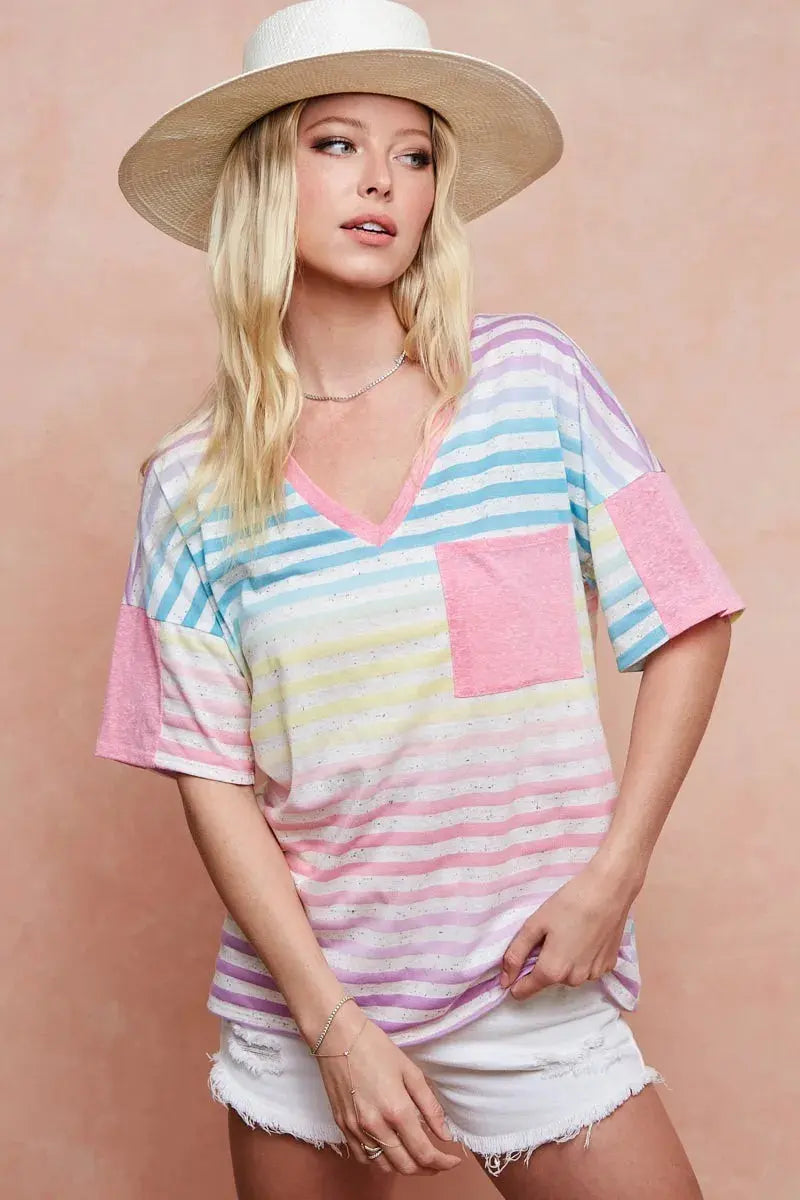 BiBi Rainbow Stripe Printed Triblend Knit Top - Love Salve 