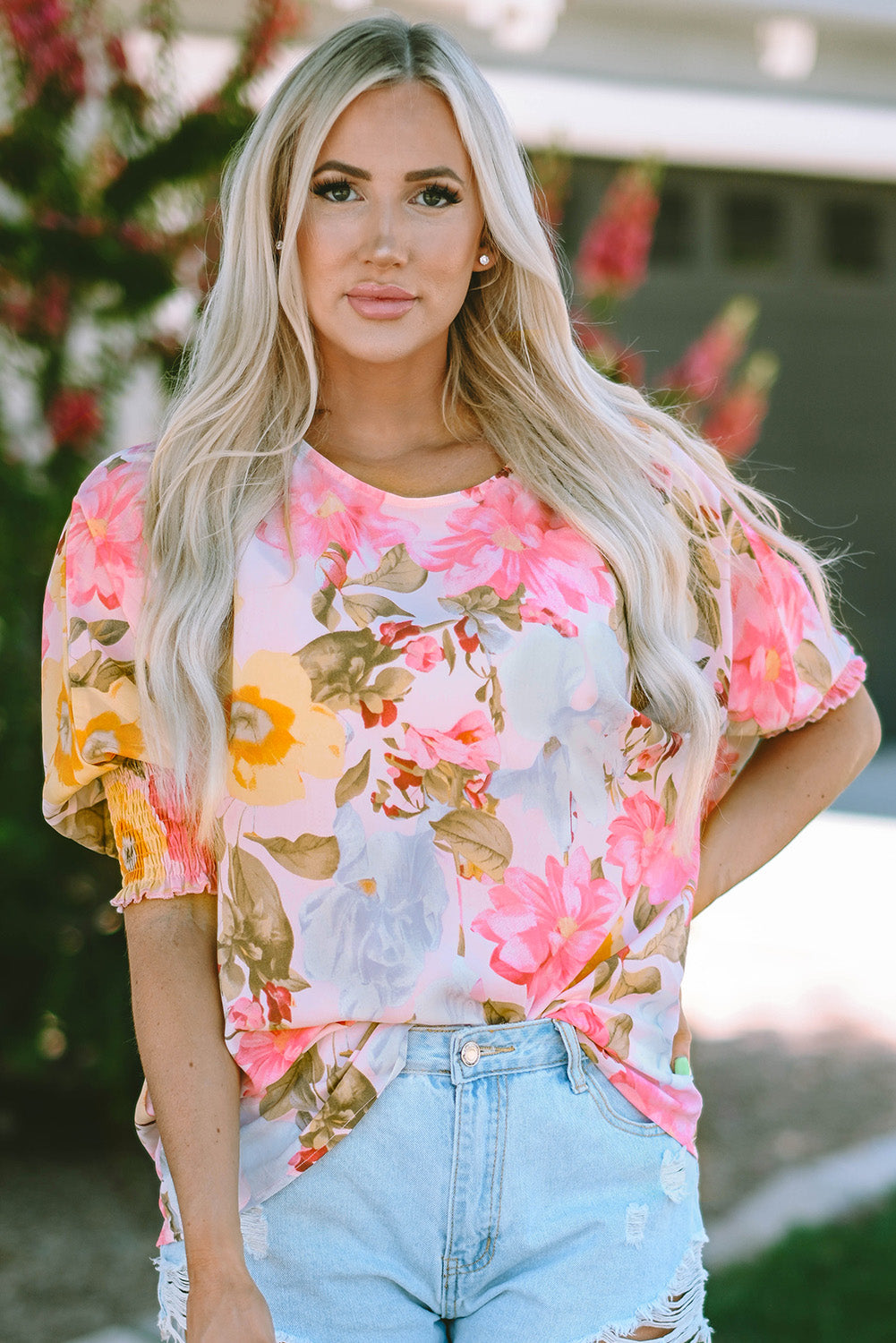 Floral Round Neck Three-Quarter Sleeve Top Coco’s Tee Boutique