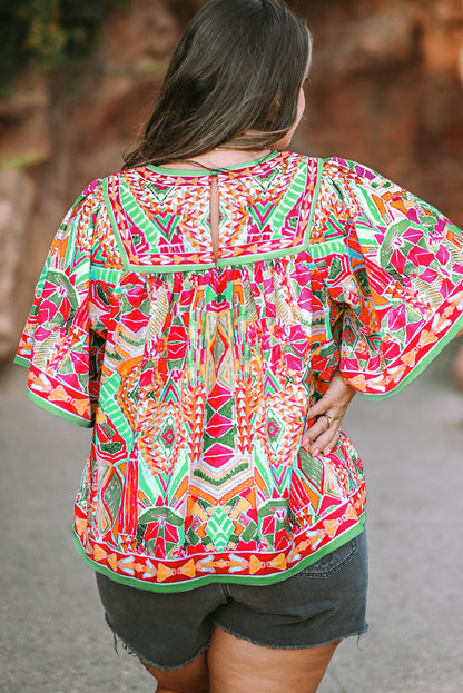 Chic green printed plus size blouse with wide sleeves