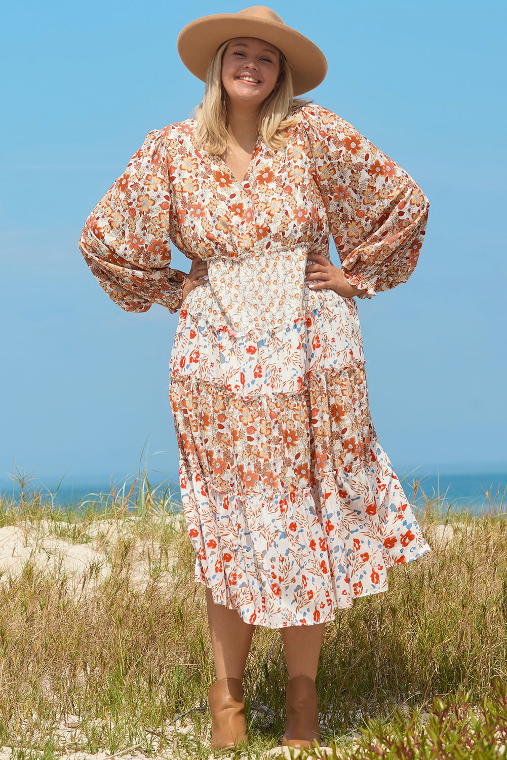 Khaki floral plus size maxi dress