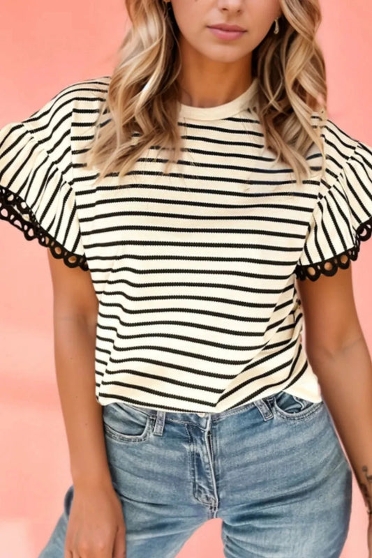 Striped Round Neck Ruffle Sleeve Blouse Simply Love