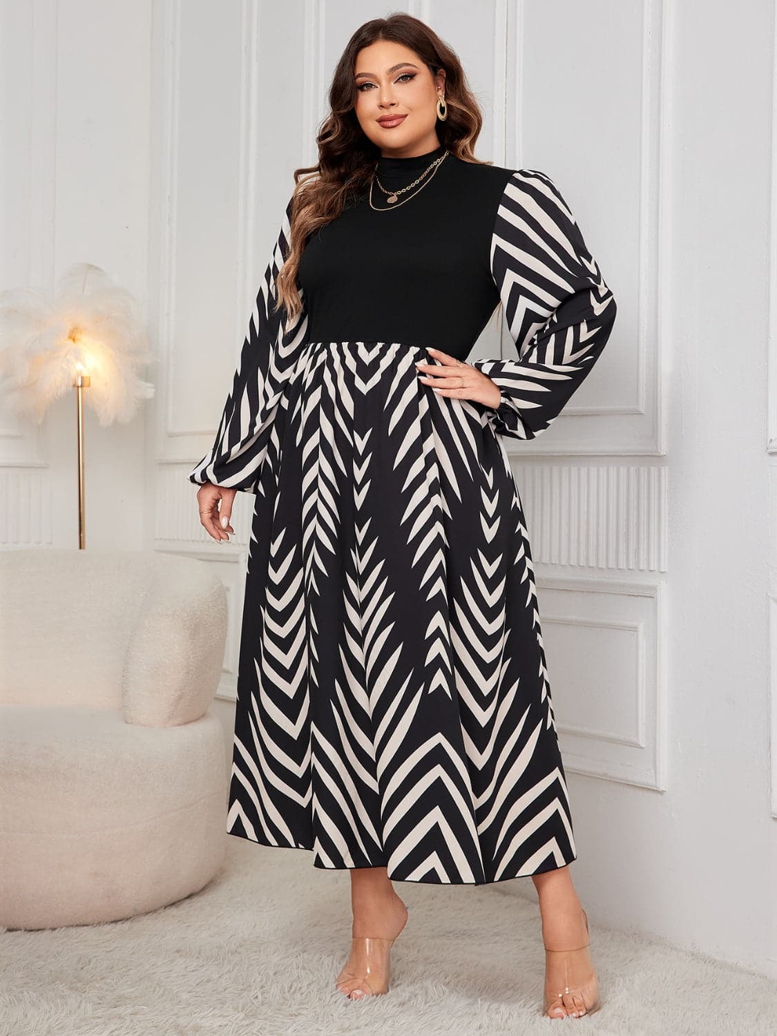 Plus Size Printed Mock Neck Long Sleeve Midi Dress.