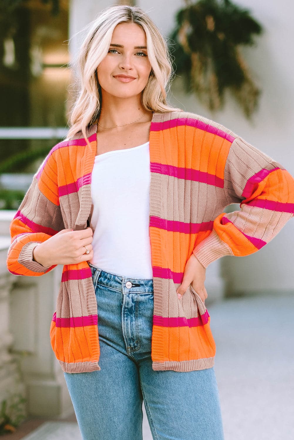 Ribbed Striped Open Front Long Sleeve Cardigan.