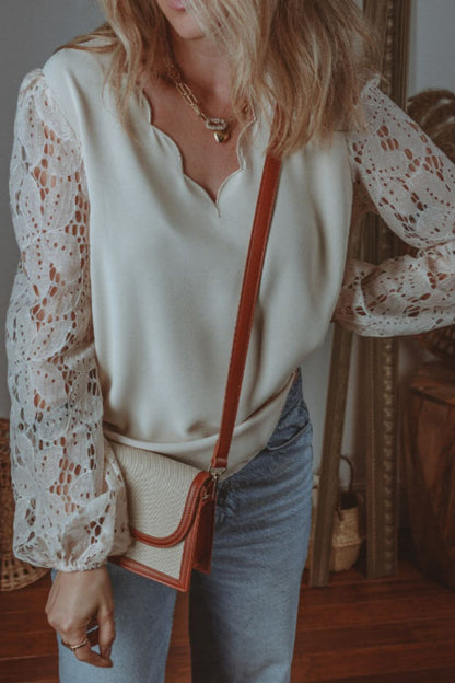 Lace-Embellished V-Neck Blouse with Balloon Sleeves