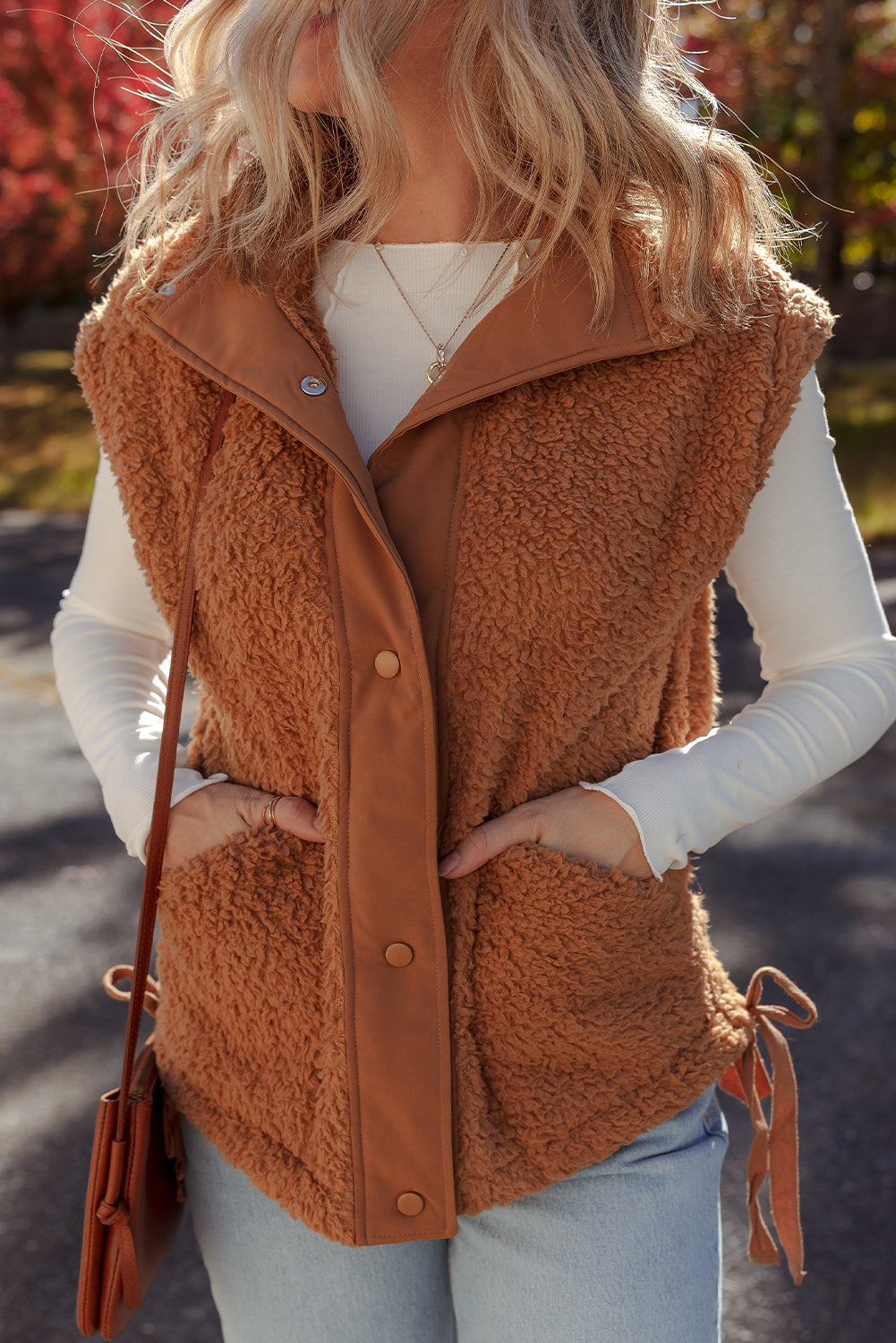 Premium Cinnamon Faux Fur Vest Snap Button Front Knot Side Pockets