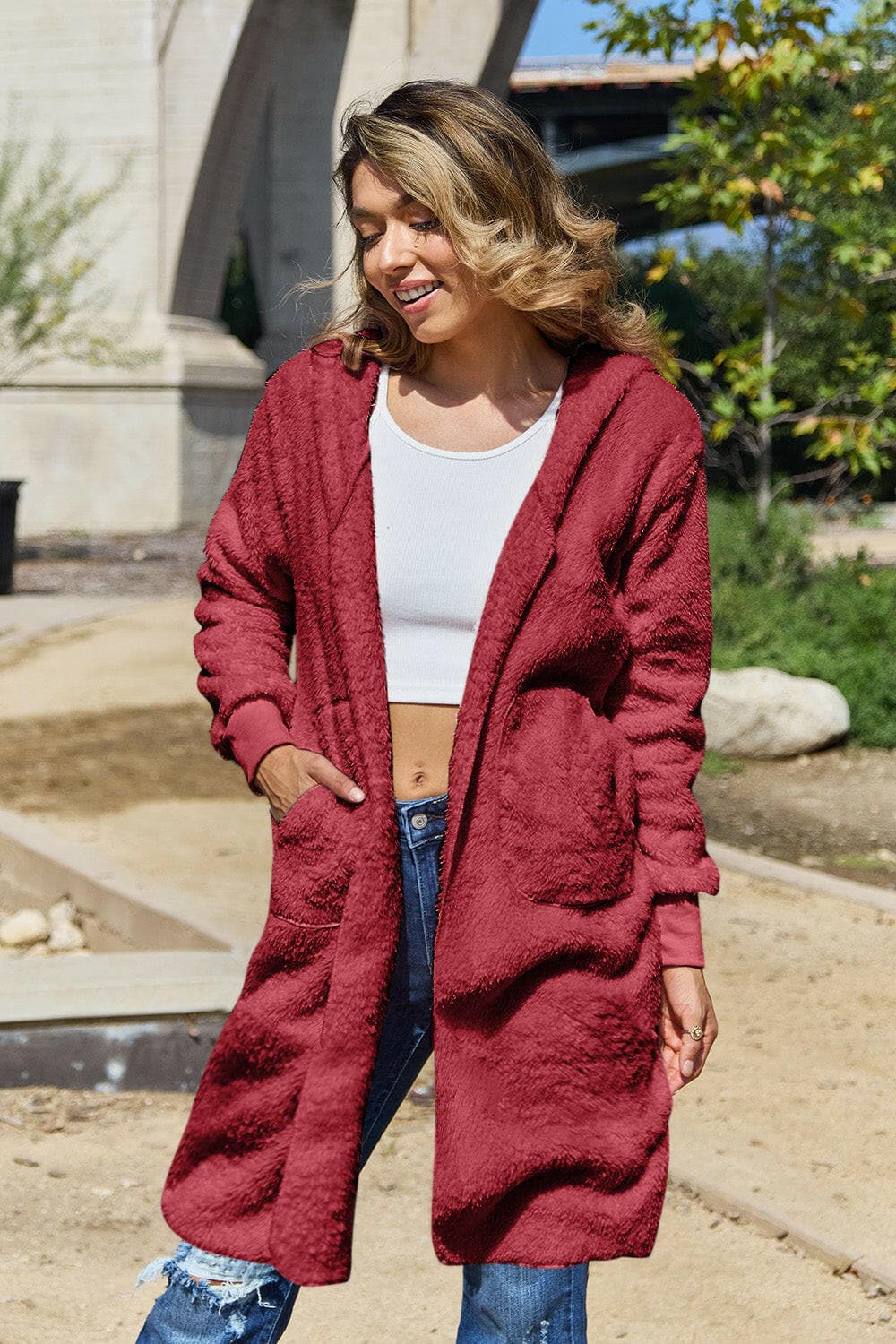 Double Take Full Size Hooded Teddy Bear Jacket with Thumbholes.