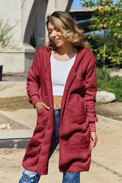 Double Take Full Size Hooded Teddy Bear Jacket with Thumbholes.