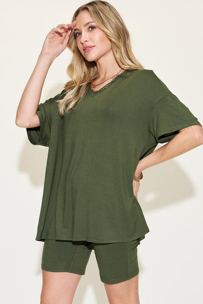 Basic Bae Full Size V-Neck Drop Shoulder T-Shirt and Shorts Set.