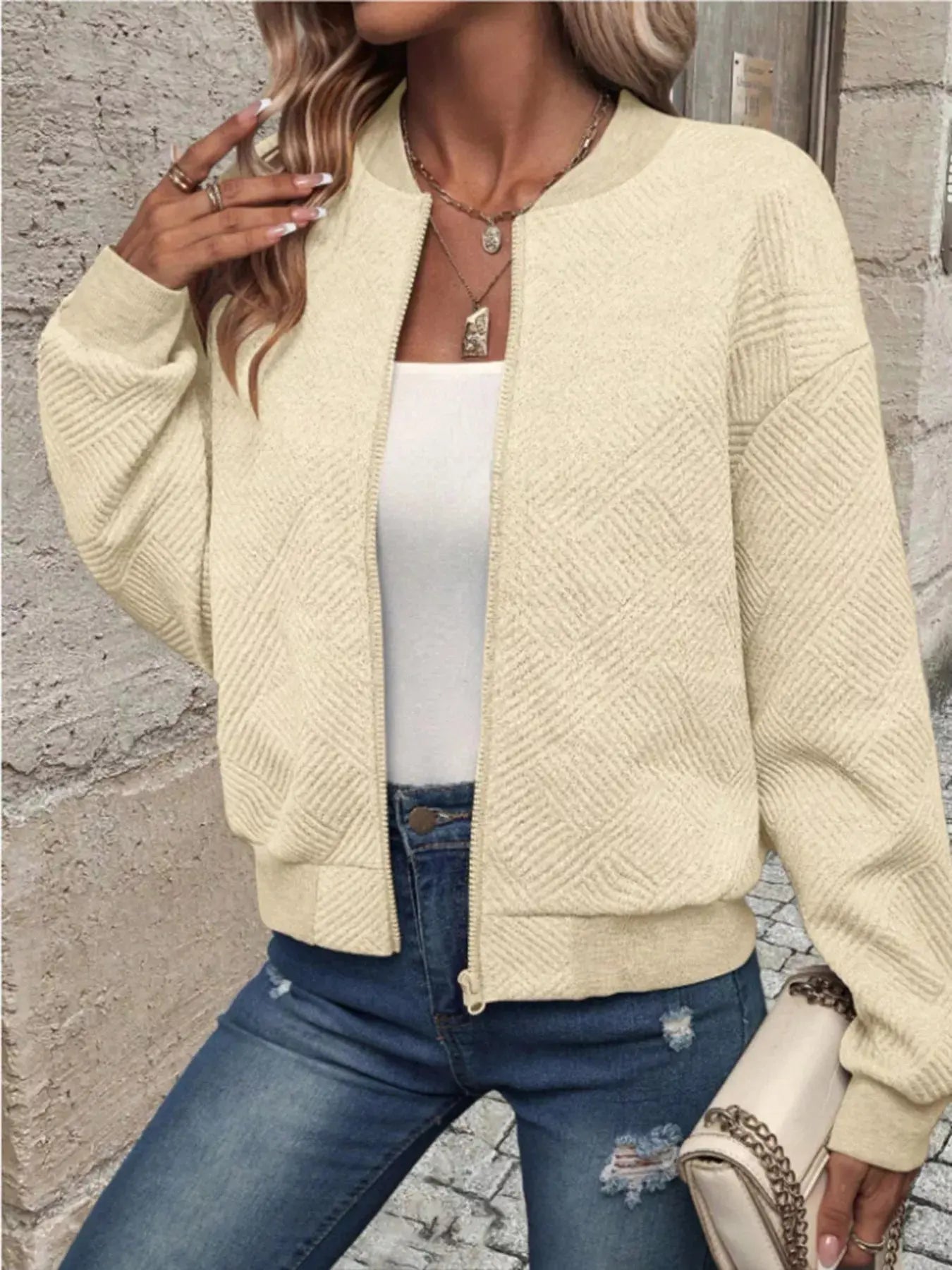 Textured Knit Zip-Up Bomber Jacket Simply Love