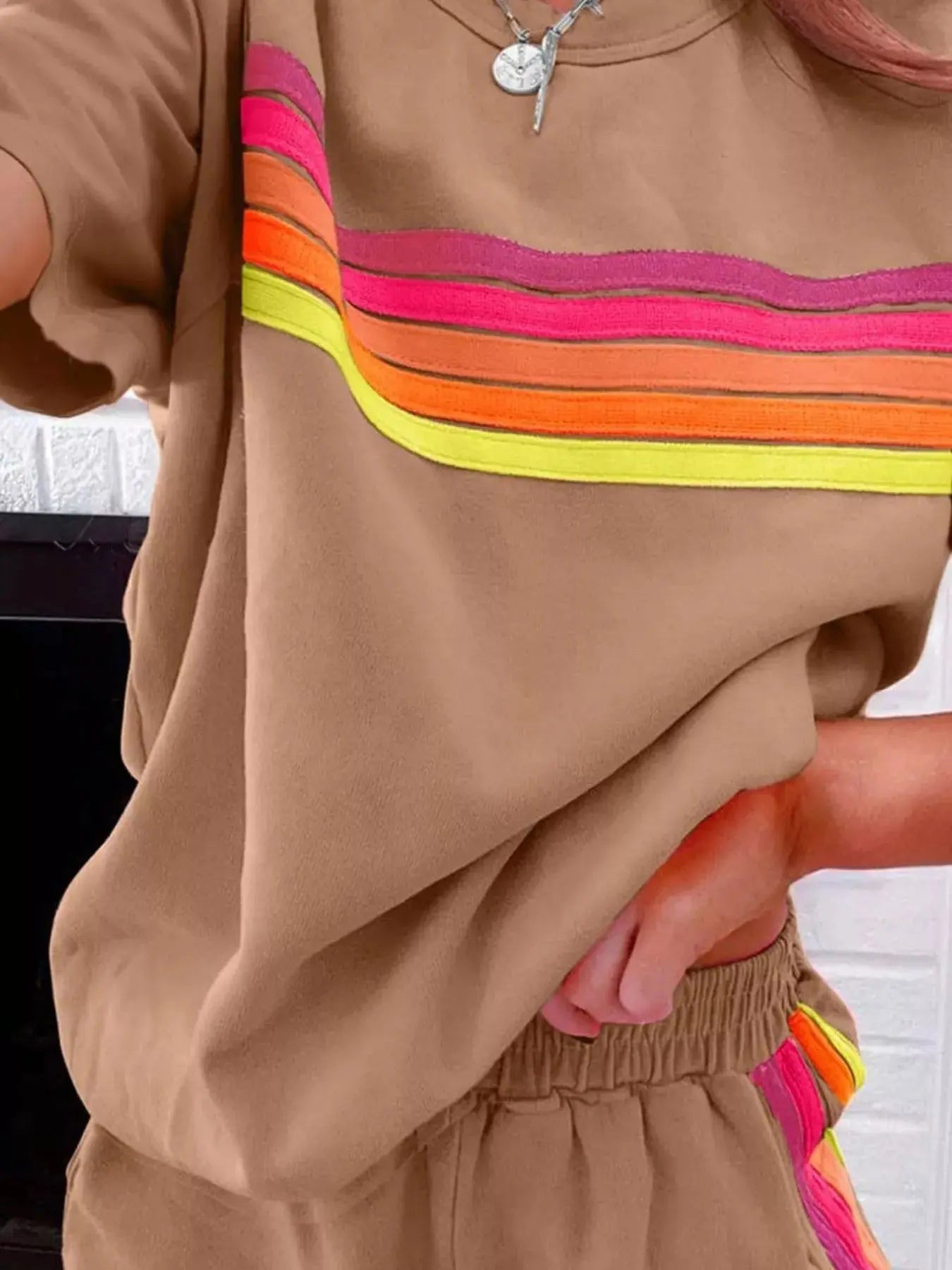 Rainbow Striped Round Neck Top and Shorts Set Simply Love