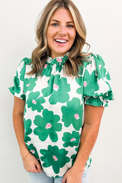 Chic green floral ruffle blouse with puff sleeves