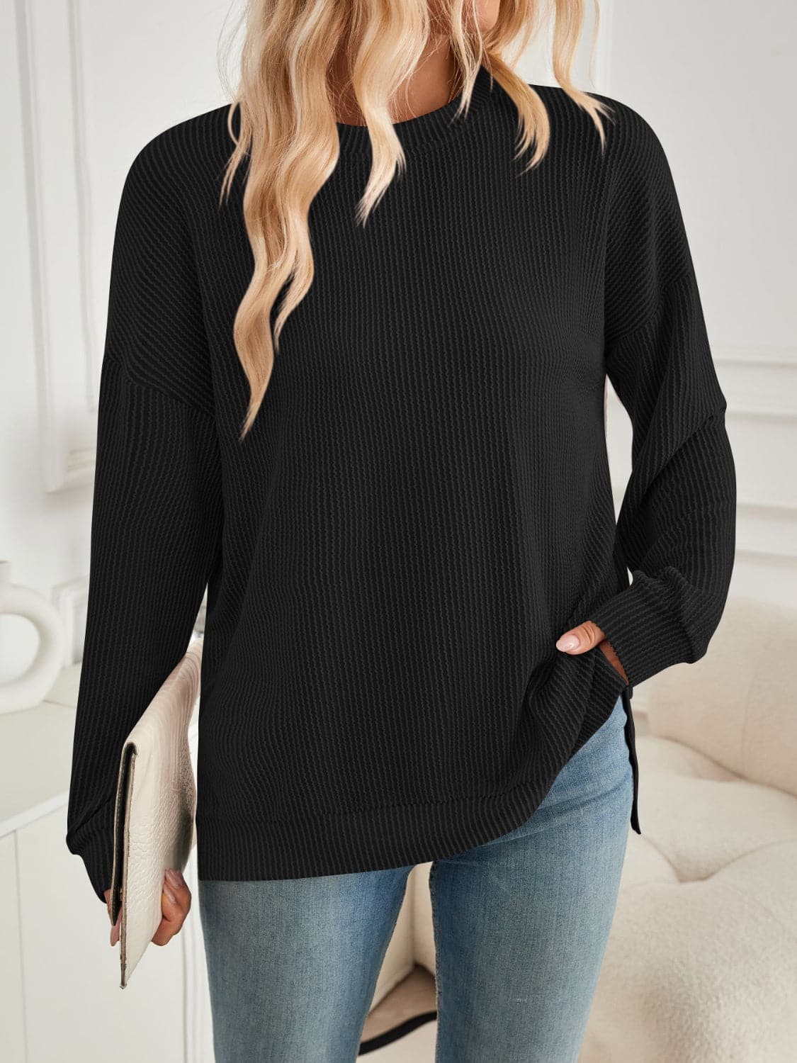 Slit Round Neck Long Sleeve Sweatshirt.