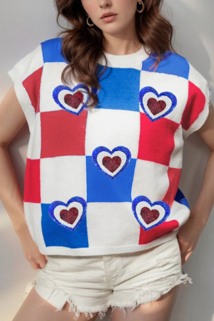 Sequin Heart Color Block Round Neck Knit Top