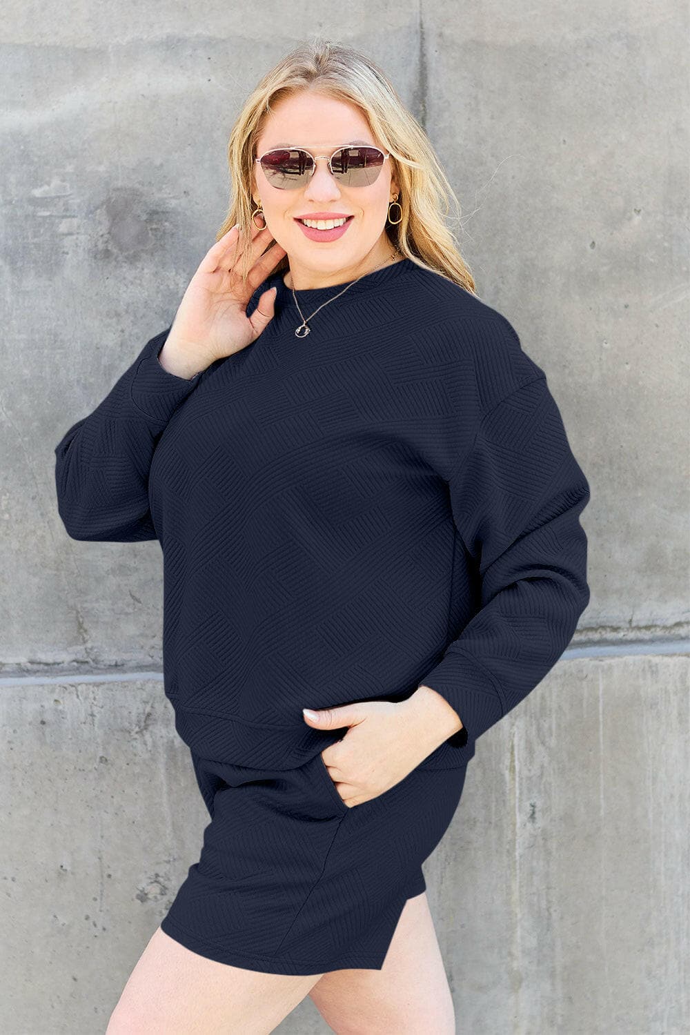 Double Take Full Size Texture Long Sleeve Top and Drawstring Shorts SeElevate Your Loungewear with Our Double Take Set
 Step into comfort and style with the Double Take Full Size Texture Long Sleeve Top and Drawstring Shorts Set. This Love Salve Full Size Texture Long Sleeve Topusa