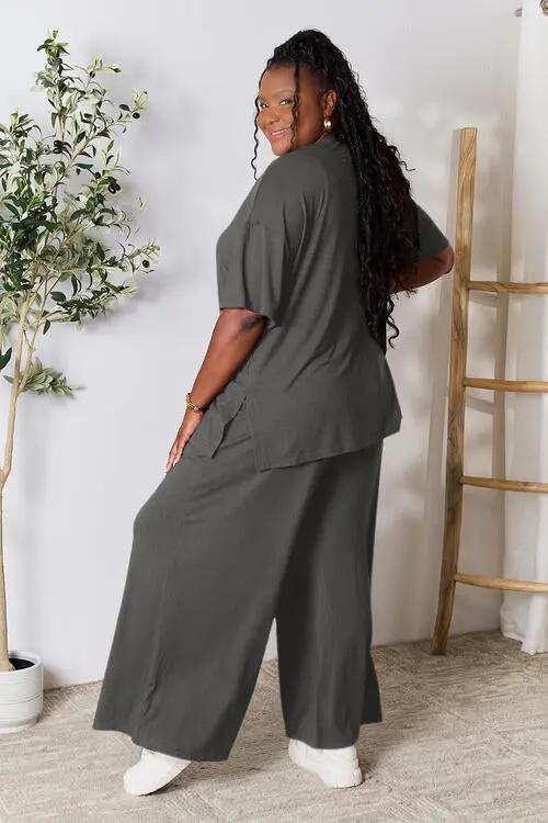 Double Take Full Size Round Neck Slit Top and Pants Set - Love Salve