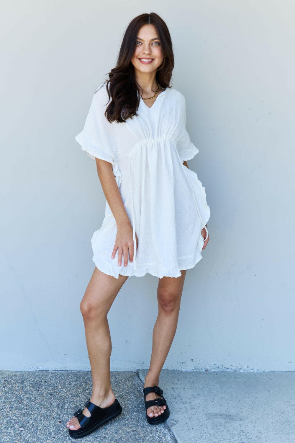 Ninexis Out Of Time Full Size Ruffle Hem Dress with Drawstring WaistbaNinexis Out Of Time Full Size Ruffle Hem Dress with Drawstring Waistband in White
 Step into timeless elegance with the Ninexis Out Of Time Full Size Ruffle Hem DresLove Salve Time Full Size Ruffle Hem DressTIKTOK