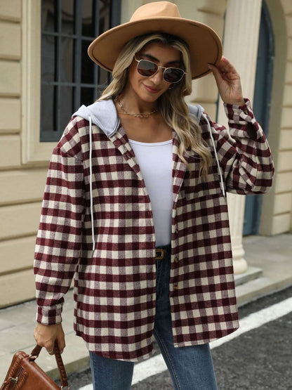 Plaid hooded jacket with pockets