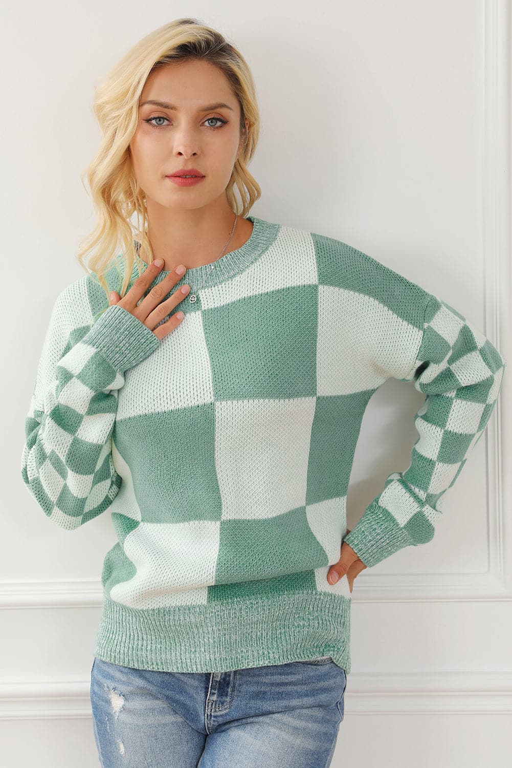 Checkered Drop Shoulder Long Sleeve Sweater.