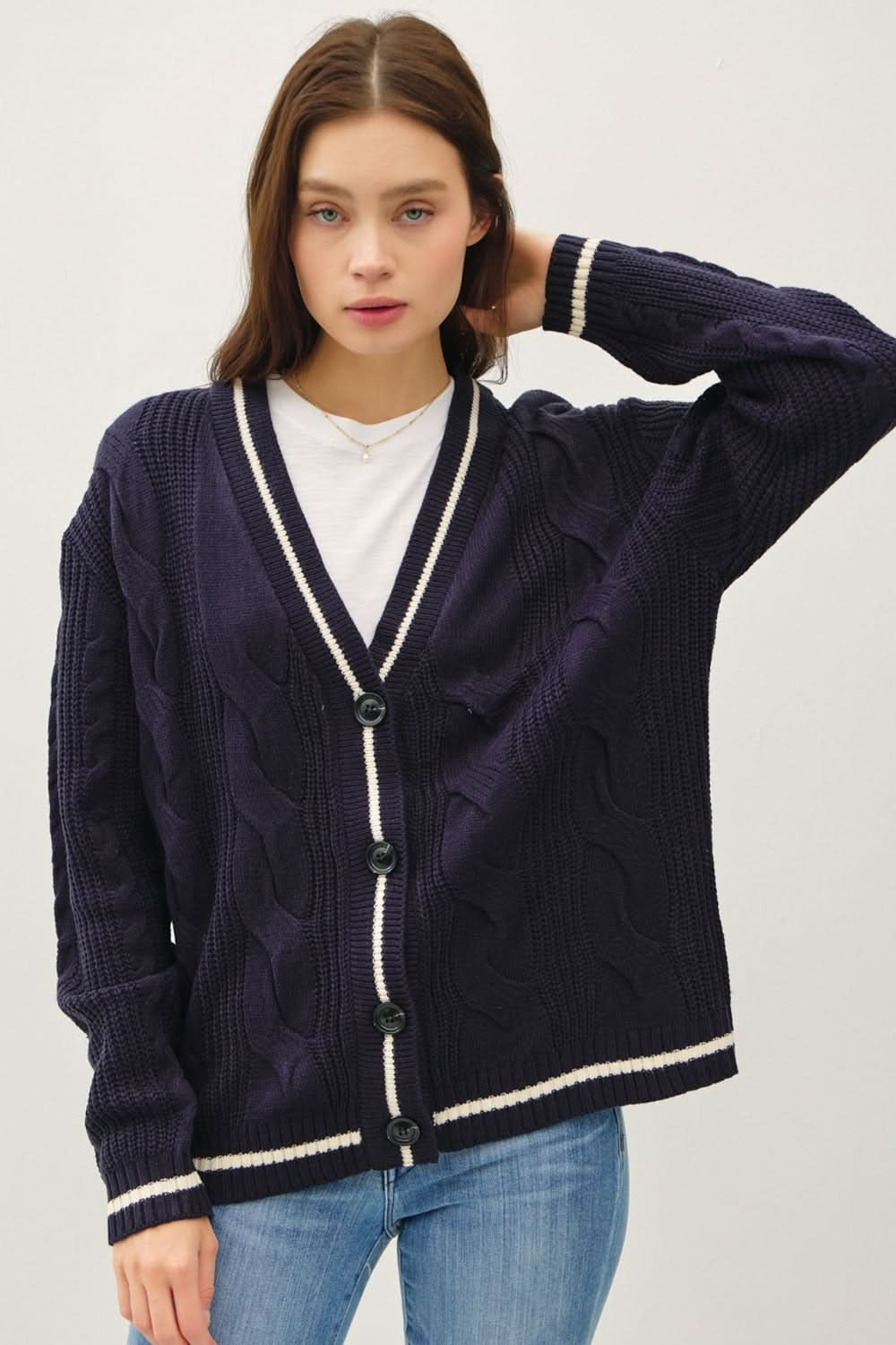 Be Cool Contrast Trim Cable-Knit V-Neck Cardigan with textured design and versatile fit.