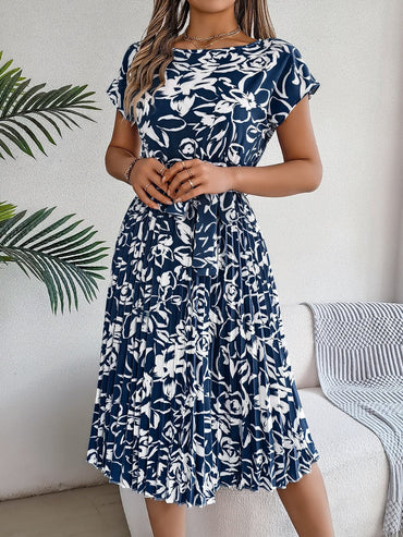 Tied Pleated Printed Short Sleeve Dress.