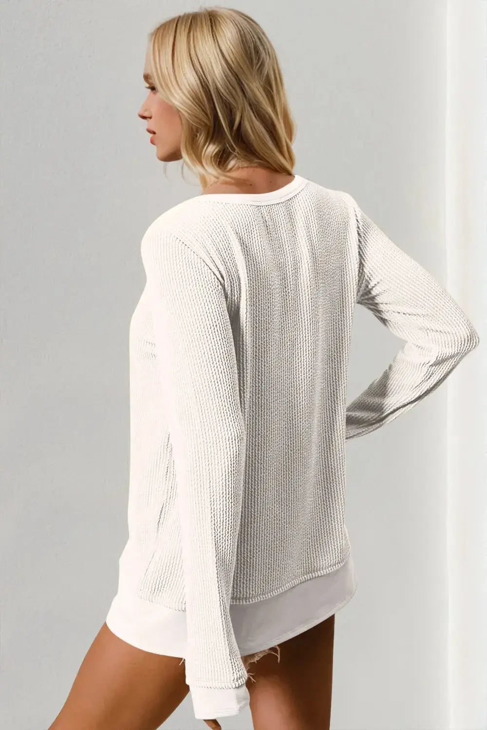 Double Take Corded Rib Thumbhole Cuff Round Neck T-Shirt - Love Salve