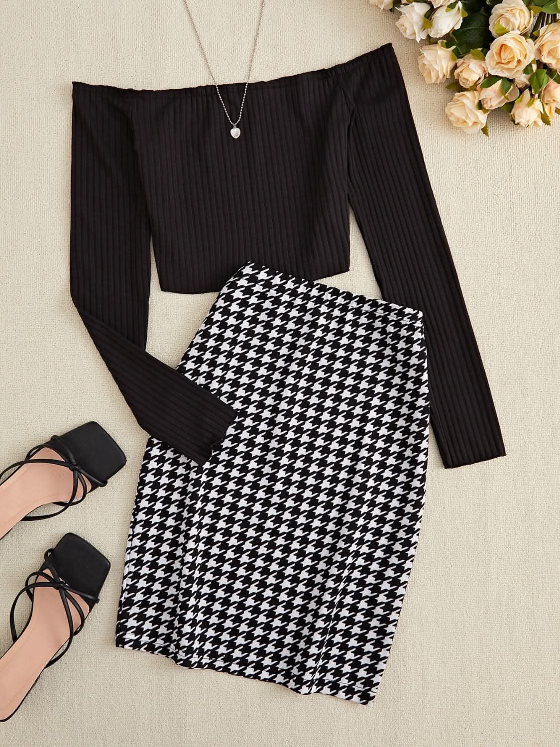 Chic Off-Shoulder Two-Piece Set with Houndstooth Skirt