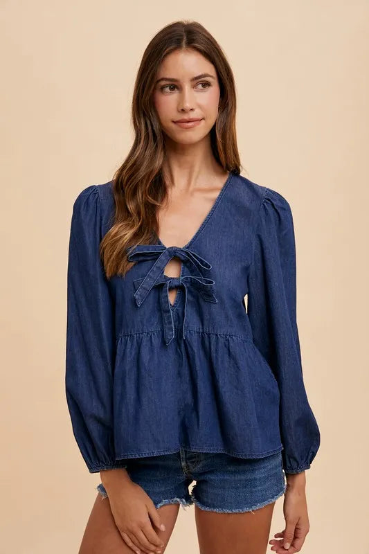 Annie Wear Tie Front Peplum Long Sleeve Denim Top - Love Salve 