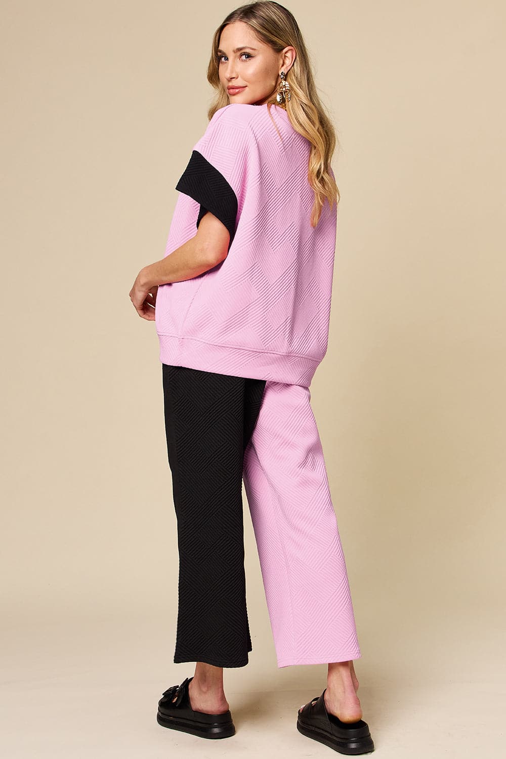 Double Take Full Size Texture Contrast T-Shirt and Wide Leg Pants Set.