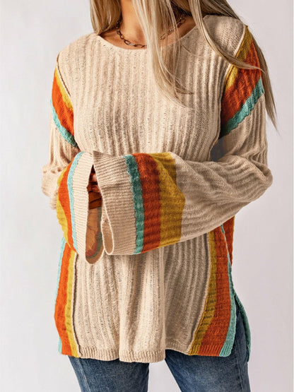 Striped Round Neck Long Sleeve Sweater.