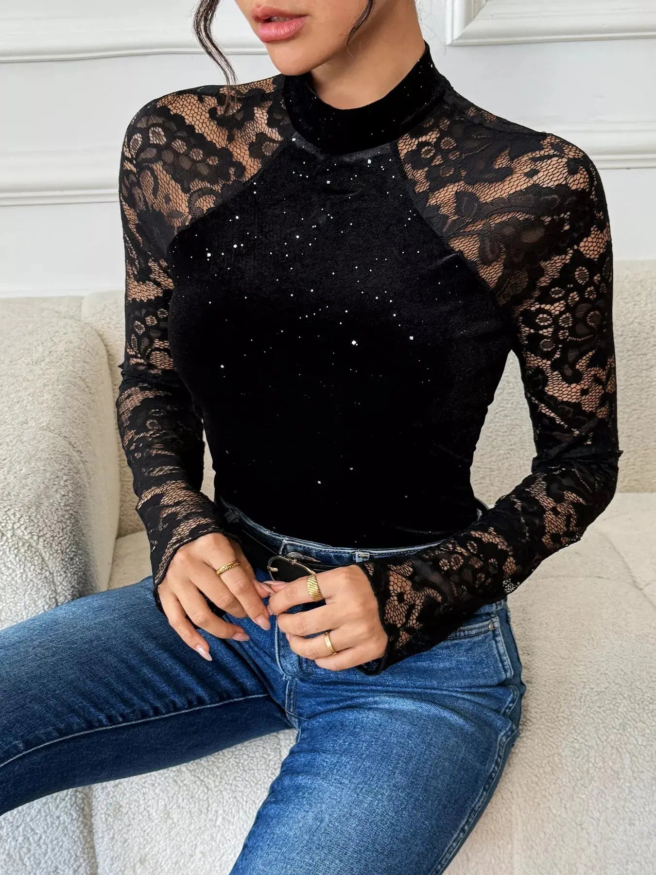 Lace Mock Neck Bodysuit With Sheer Lace Sleeves And Sparkling Details Simply Love