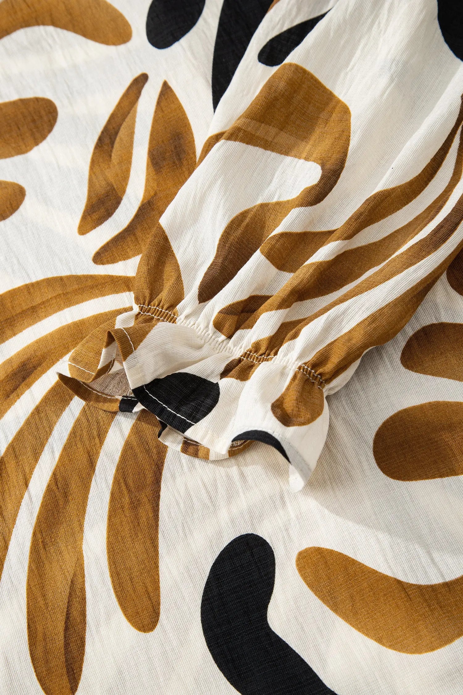 Brown Tropical Print Dress With Contrast Trim Neck Long Sleeve Ruffle Hem Dear-Lover Dropshipping