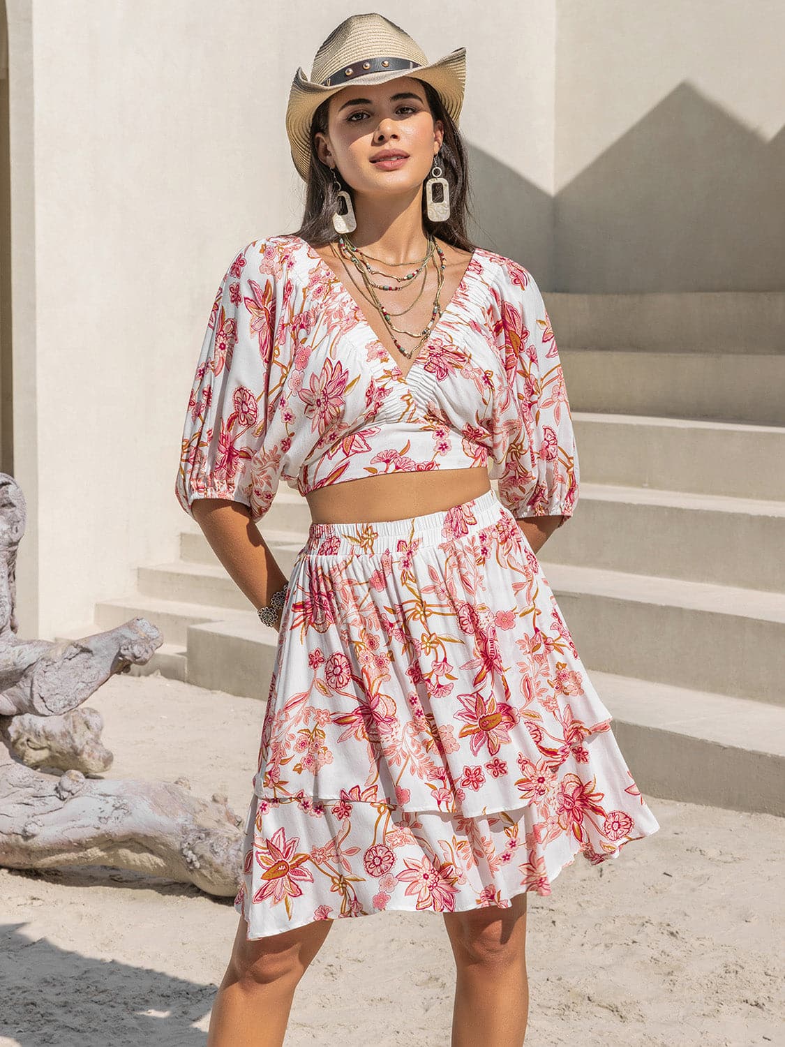 Printed Half Sleeve Top and Layered Skirt Set.