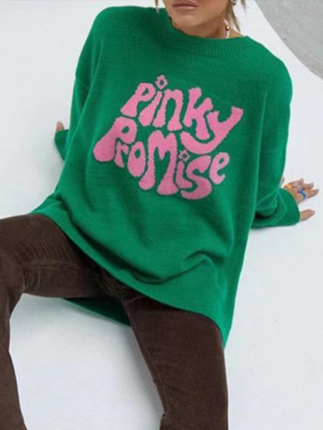 PINKY PROMISE Round Neck Drop Shoulder Sweater.