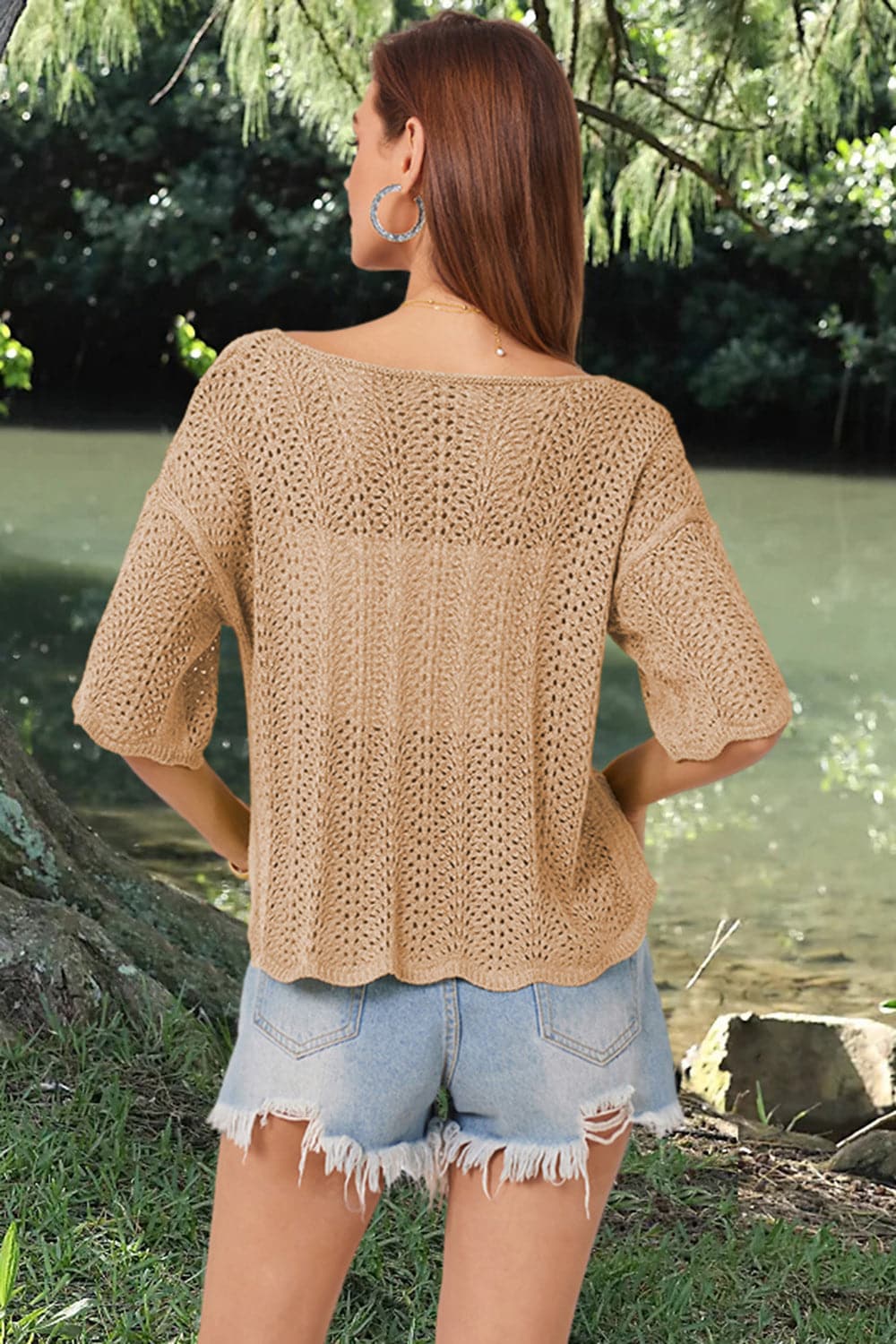 Openwork Round Neck Half Sleeve Knit Top.