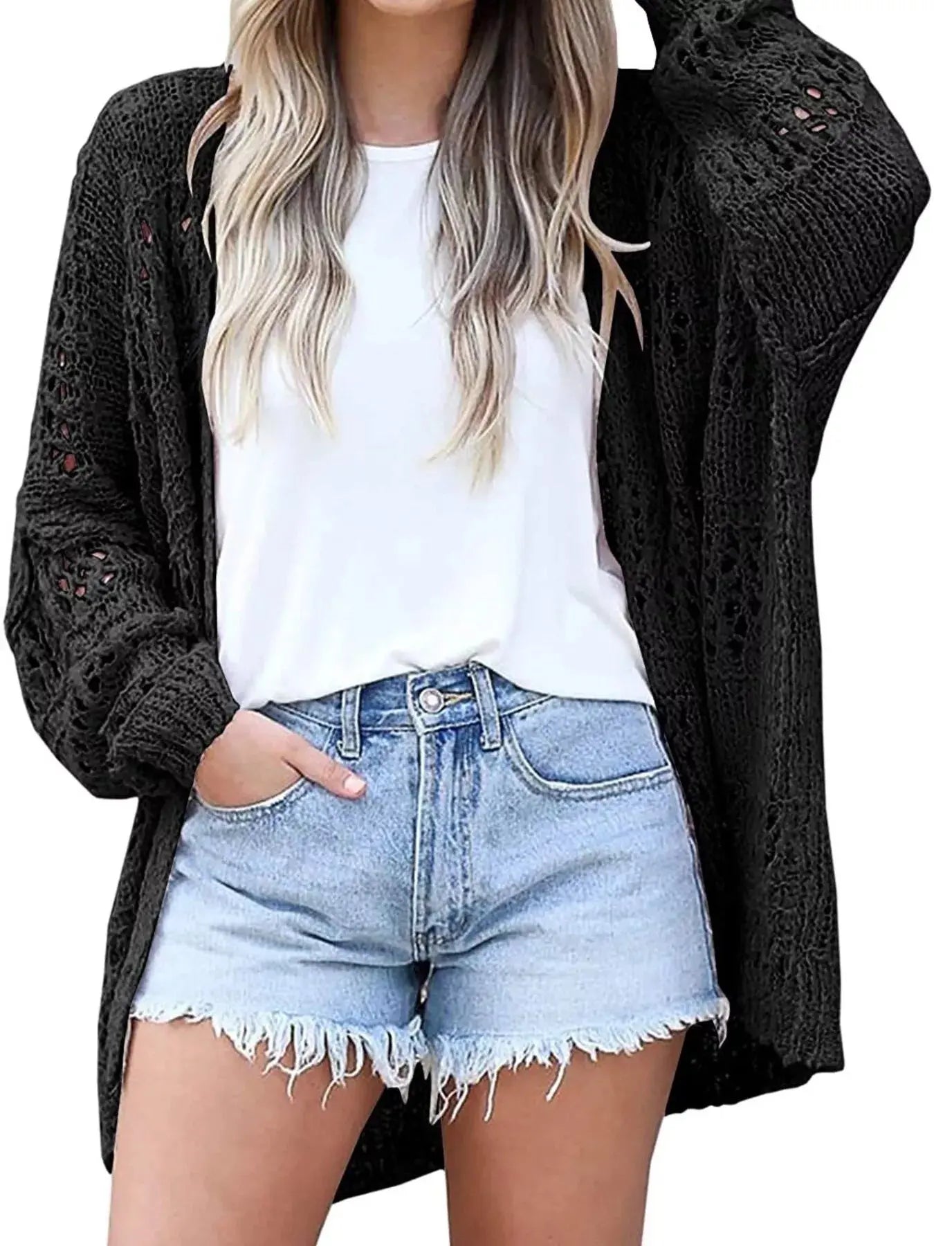 Full Size Openwork Open Front Lightweight Cardigan Plus Size Simply Love