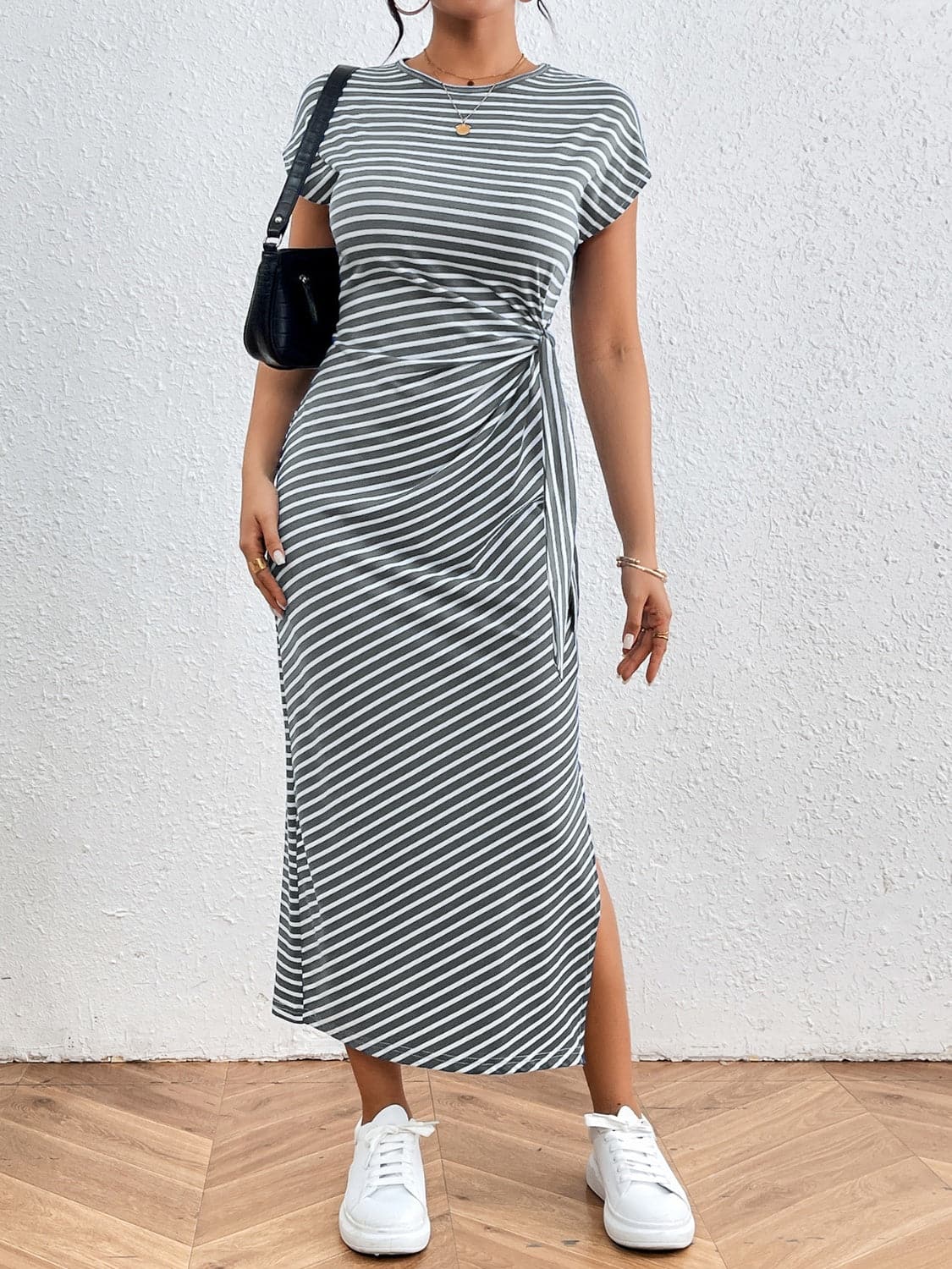 Tied Striped Round Neck Short Sleeve Tee Dress.