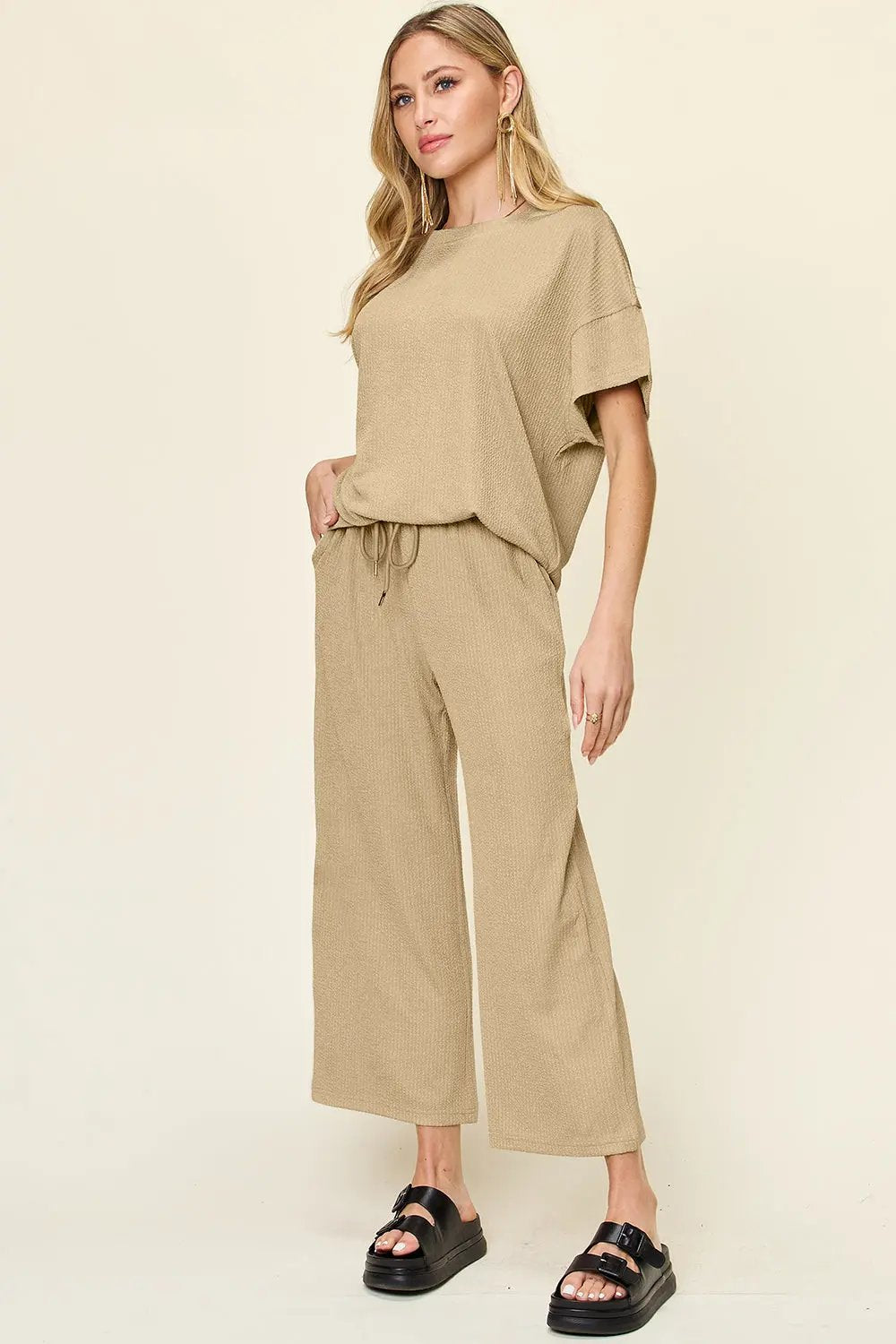 Double Take Full Size Texture Round Neck Short Sleeve T-Shirt and Wide Leg Pants - Love Salve