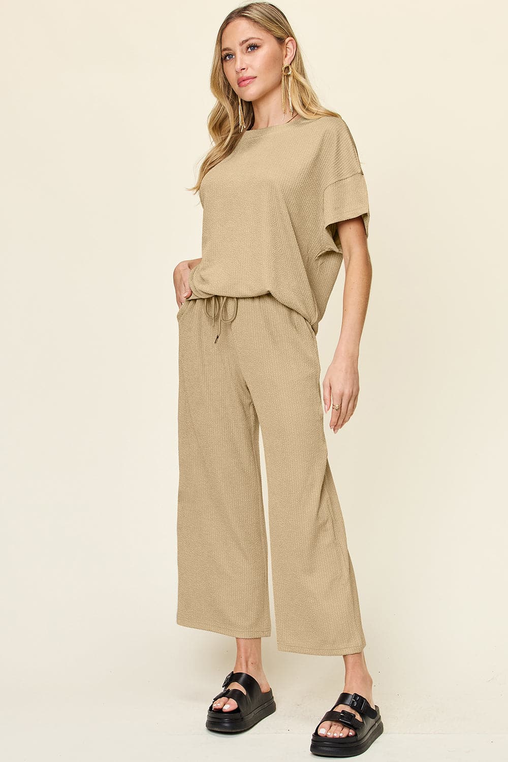 Double Take Full Size Texture Round Neck Short Sleeve T-Shirt and Wide Leg Pants.