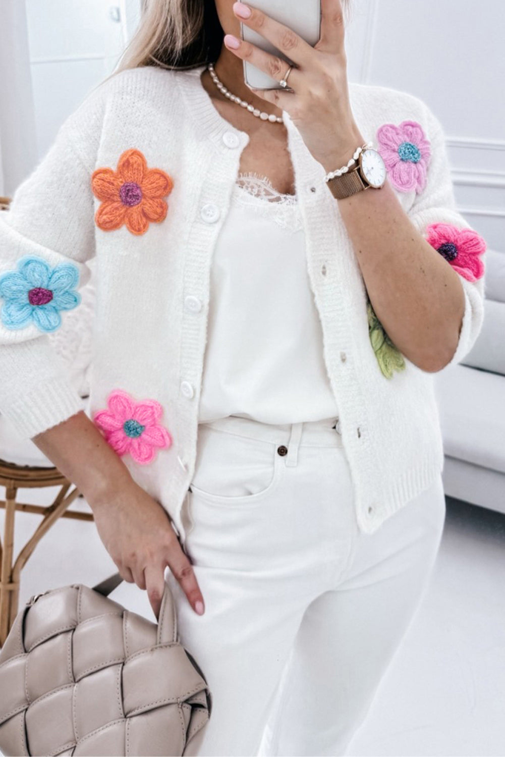 Charming White Floral Knitted Button-Up Cardigan