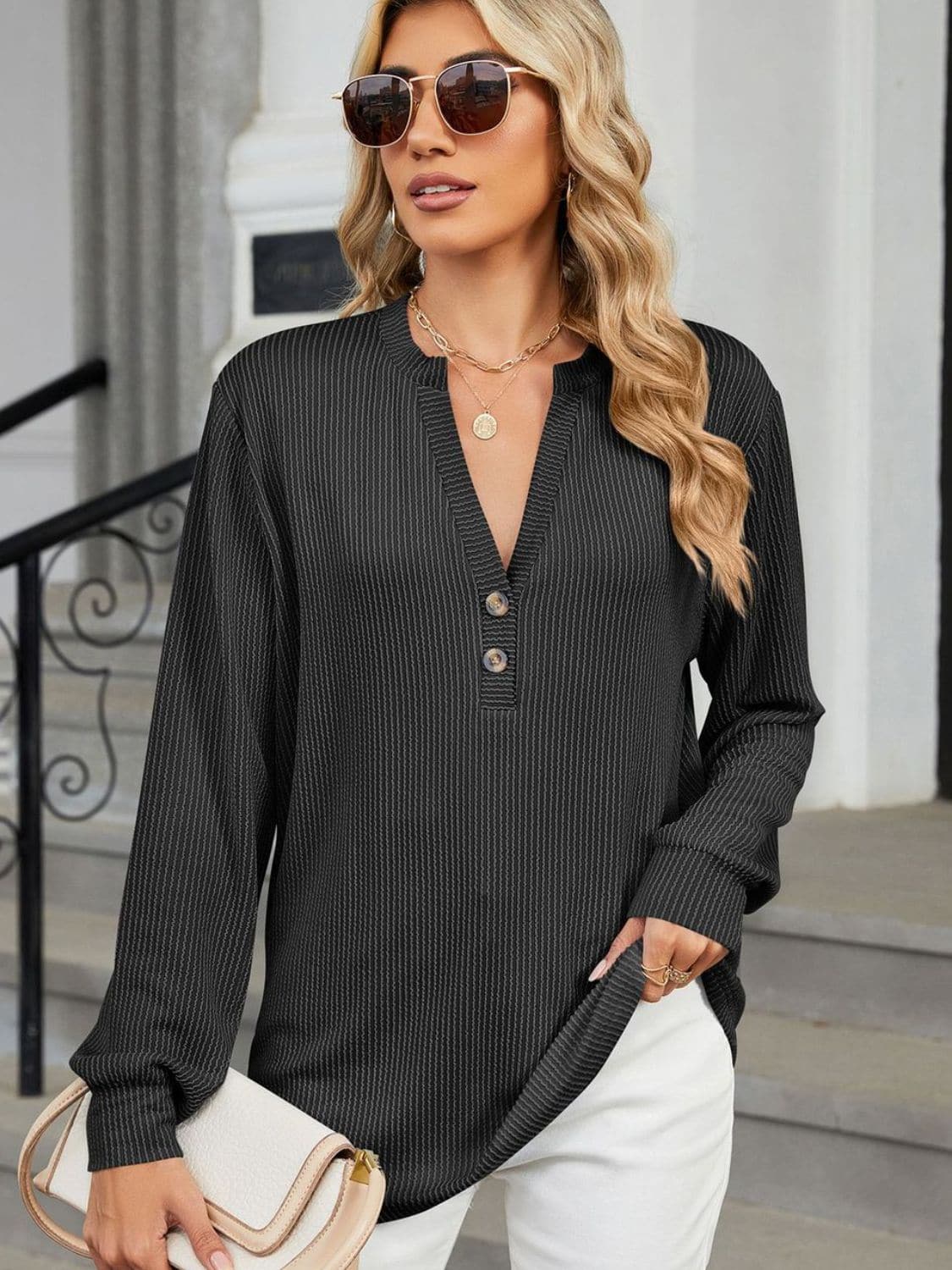 Striped Notched Long Sleeve T-Shirt.