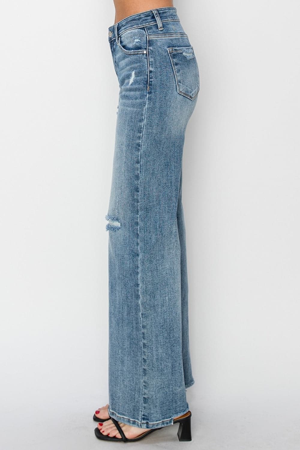 RISEN Full Size High Waist Distressed Wide Leg Jeans.