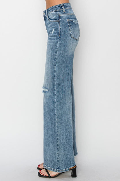 RISEN Full Size High Waist Distressed Wide Leg Jeans.