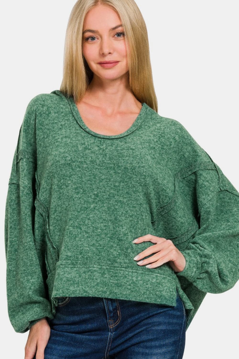 Zenana brushed hacci hoodie, trendy balloon sleeves