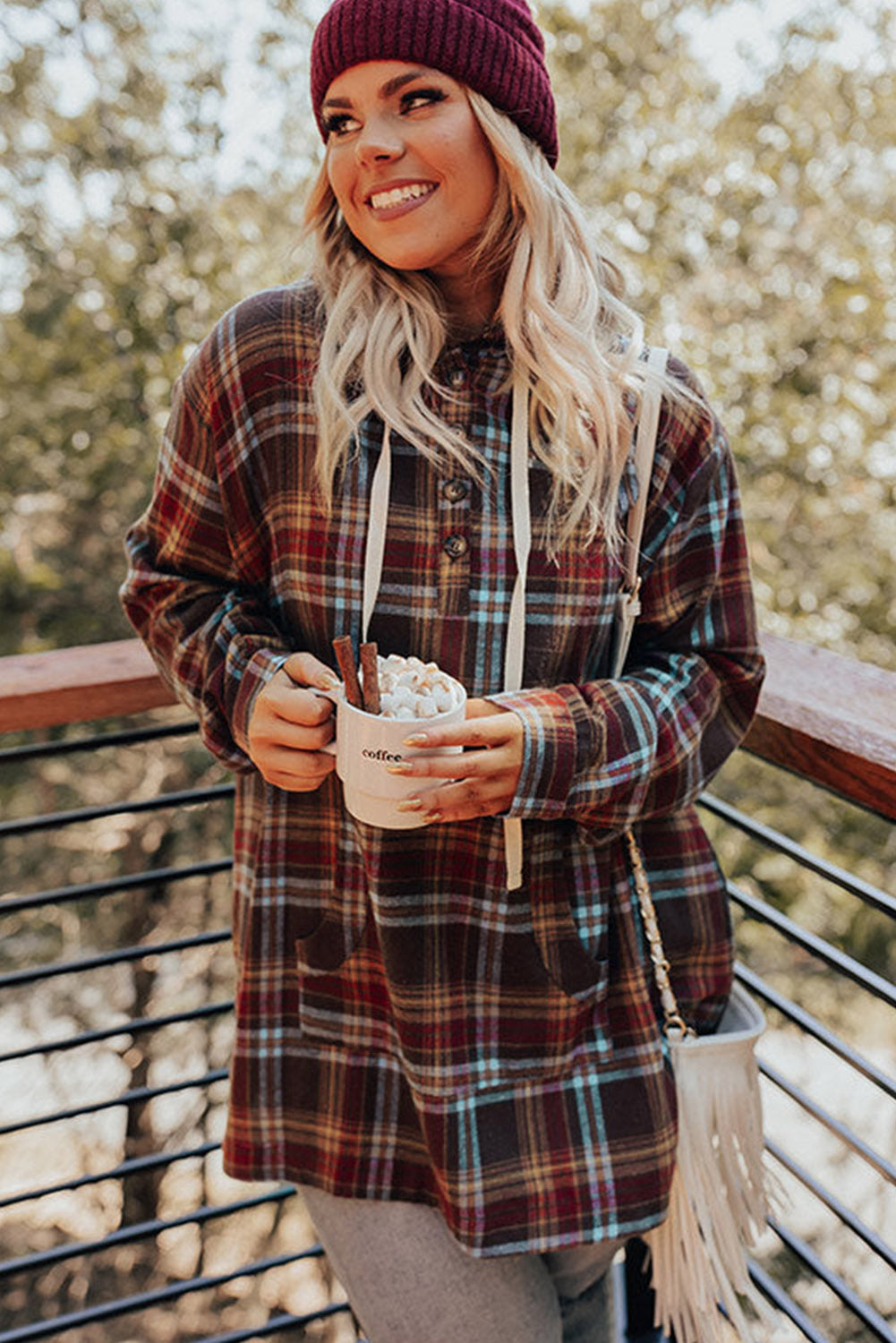 Chic fiery red plaid plus size hoodie with kangaroo pocket